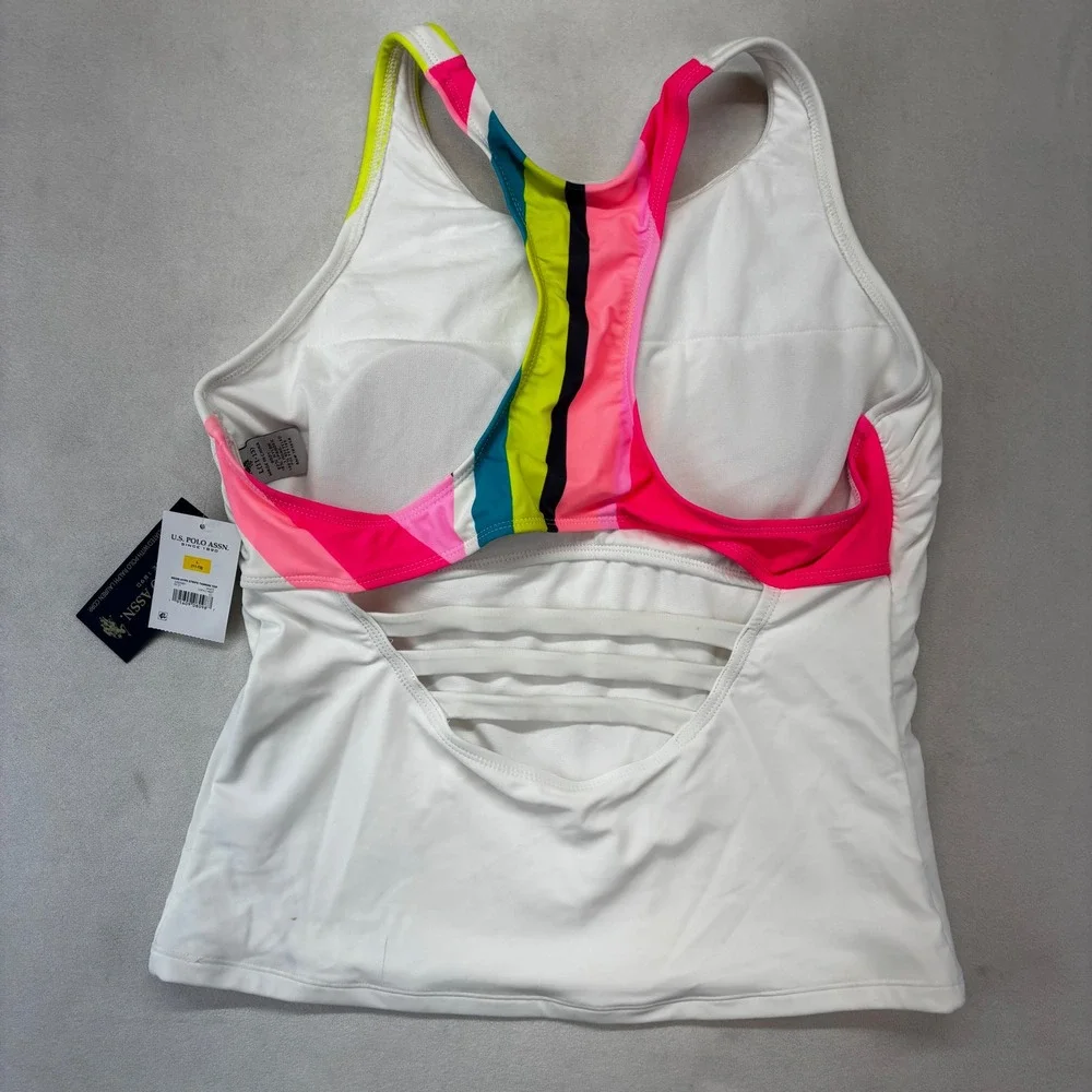 U.S. Polo Assn. Tankini Top Kids Size L 11-13 White Neon Hype Stripe‎ USPA21400T